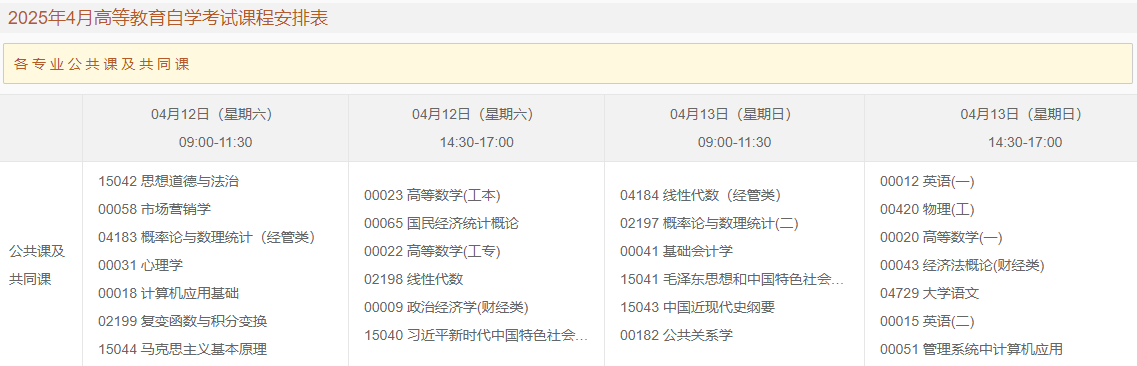 ​2025年4月重庆市自考考试安排